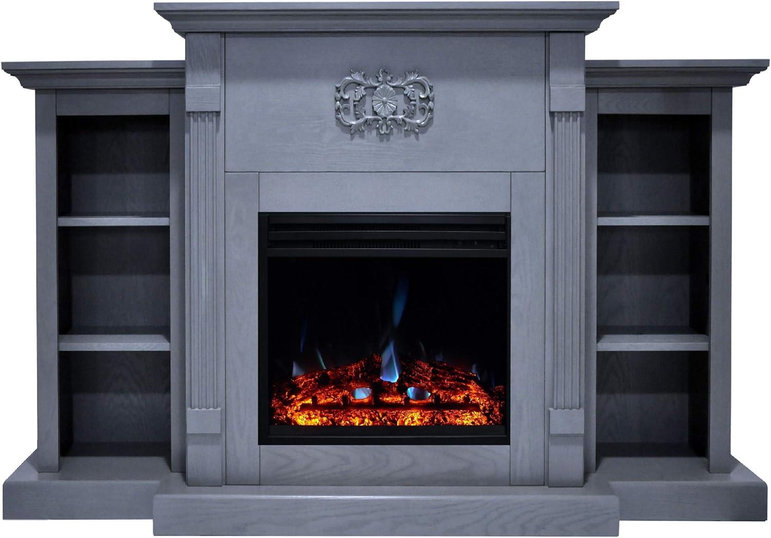 Sanoma 72'' Slate Blue Electric Fireplace with Charred Log Insert and Bookshelves