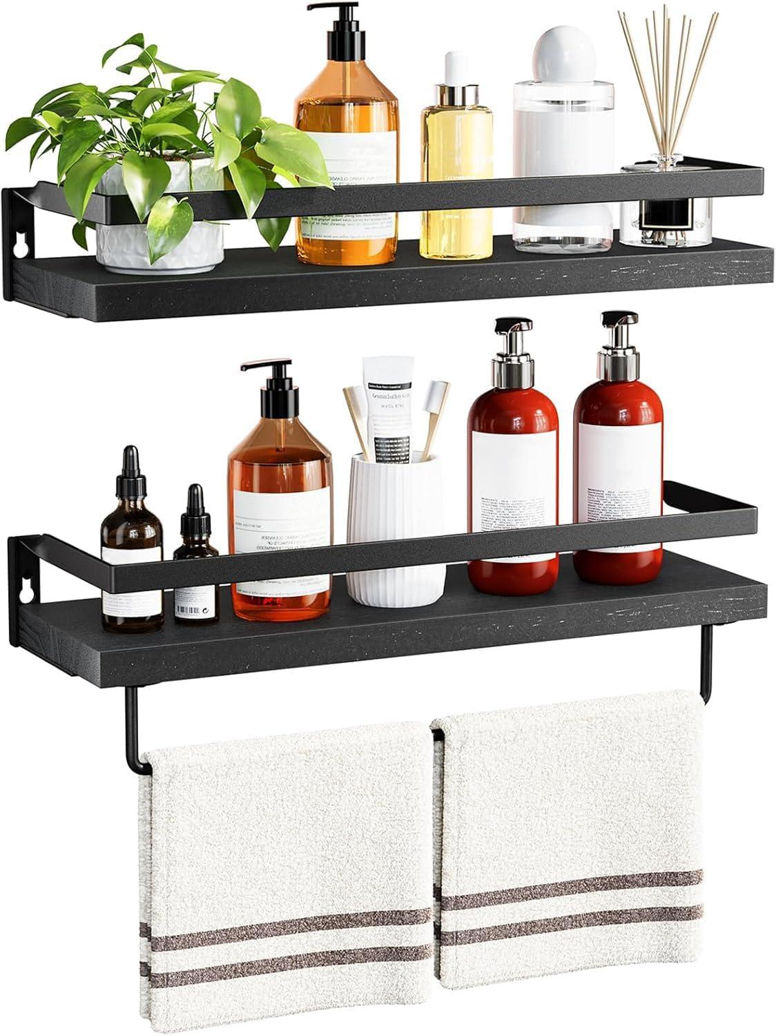 Black Wood Floating Wall Shelves with Towel Bar