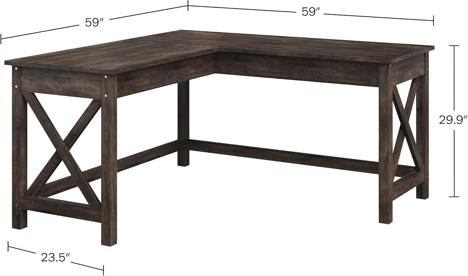 Lavish Home 59" L-Shaped Farmhouse Style Desk with Return for Home Office in Dark Gray Oak Finish