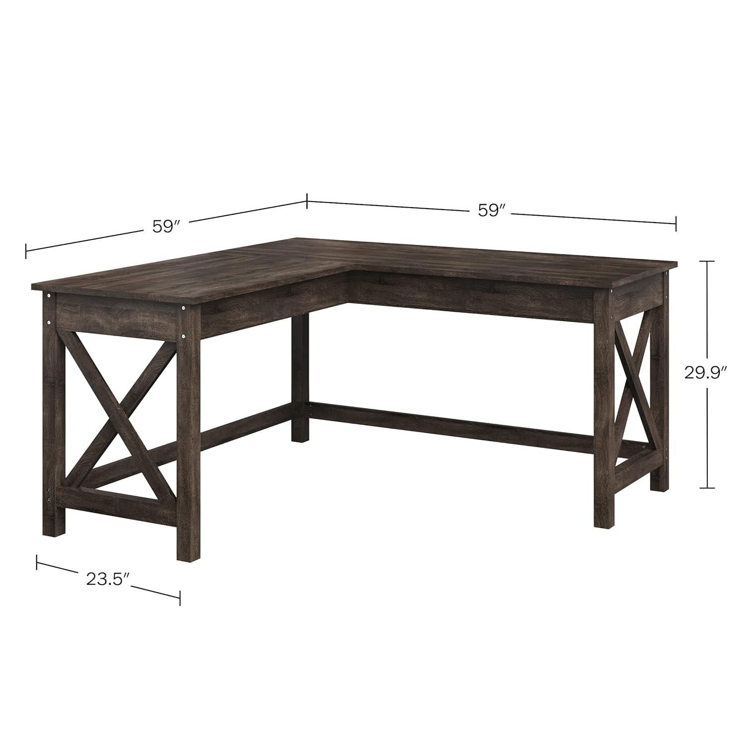 Lavish Home 59" L-Shaped Farmhouse Style Desk with Return for Home Office in Dark Gray Oak Finish