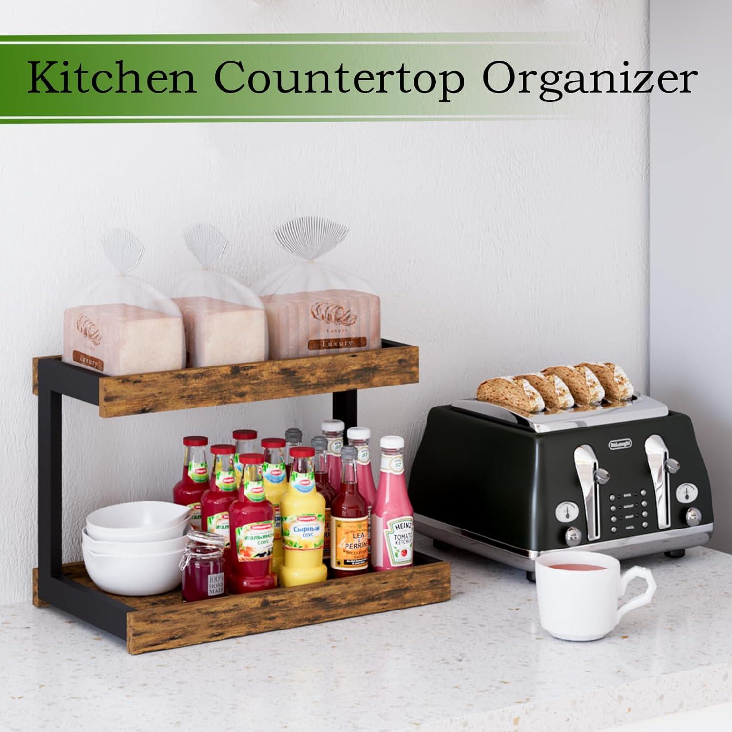 Rustic Brown 2-Tier Wood and Metal Countertop Organizer