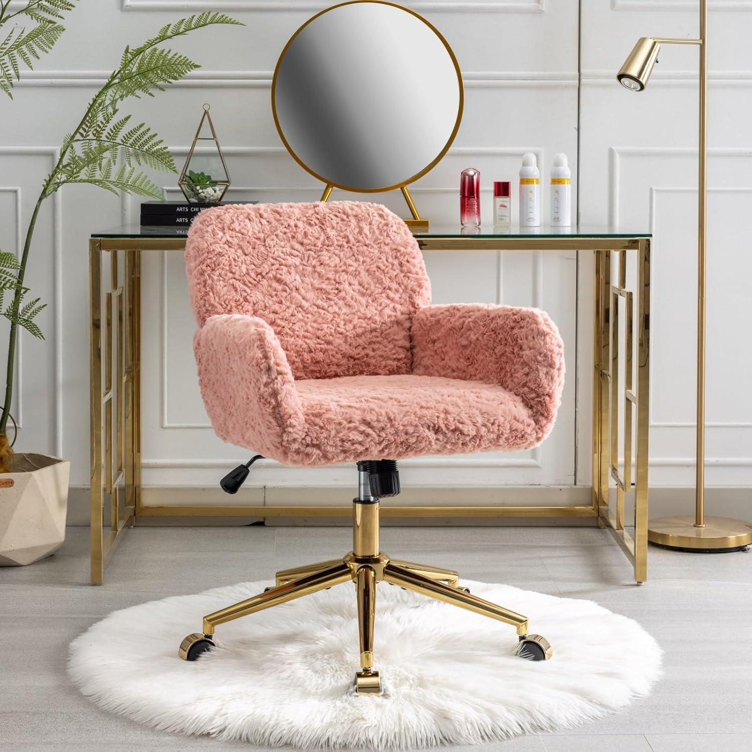 Pink Artificial Rabbit Fur Home Office Chair, Adjustable Swivel Desk Chair with Gold Metal Base and Wheels - The Pop Home