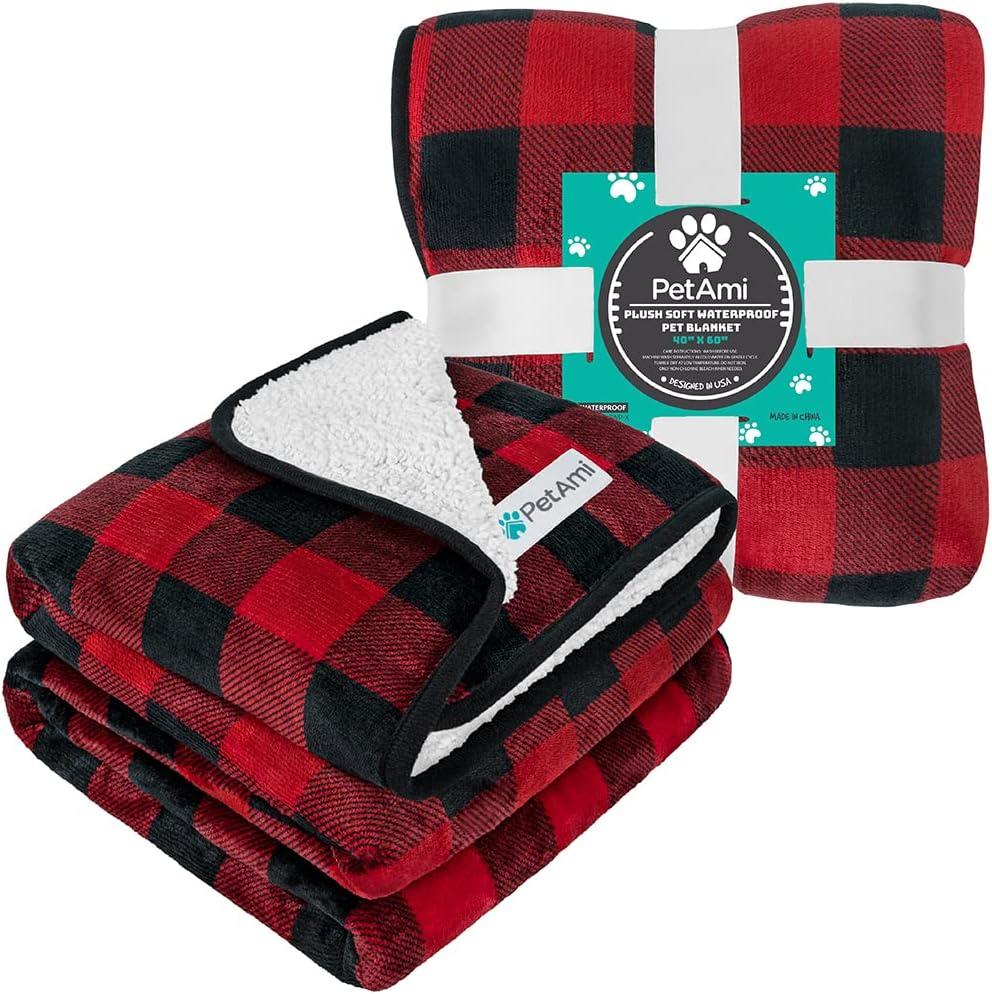 Large Red Plaid Waterproof Sherpa Fleece Pet Blanket