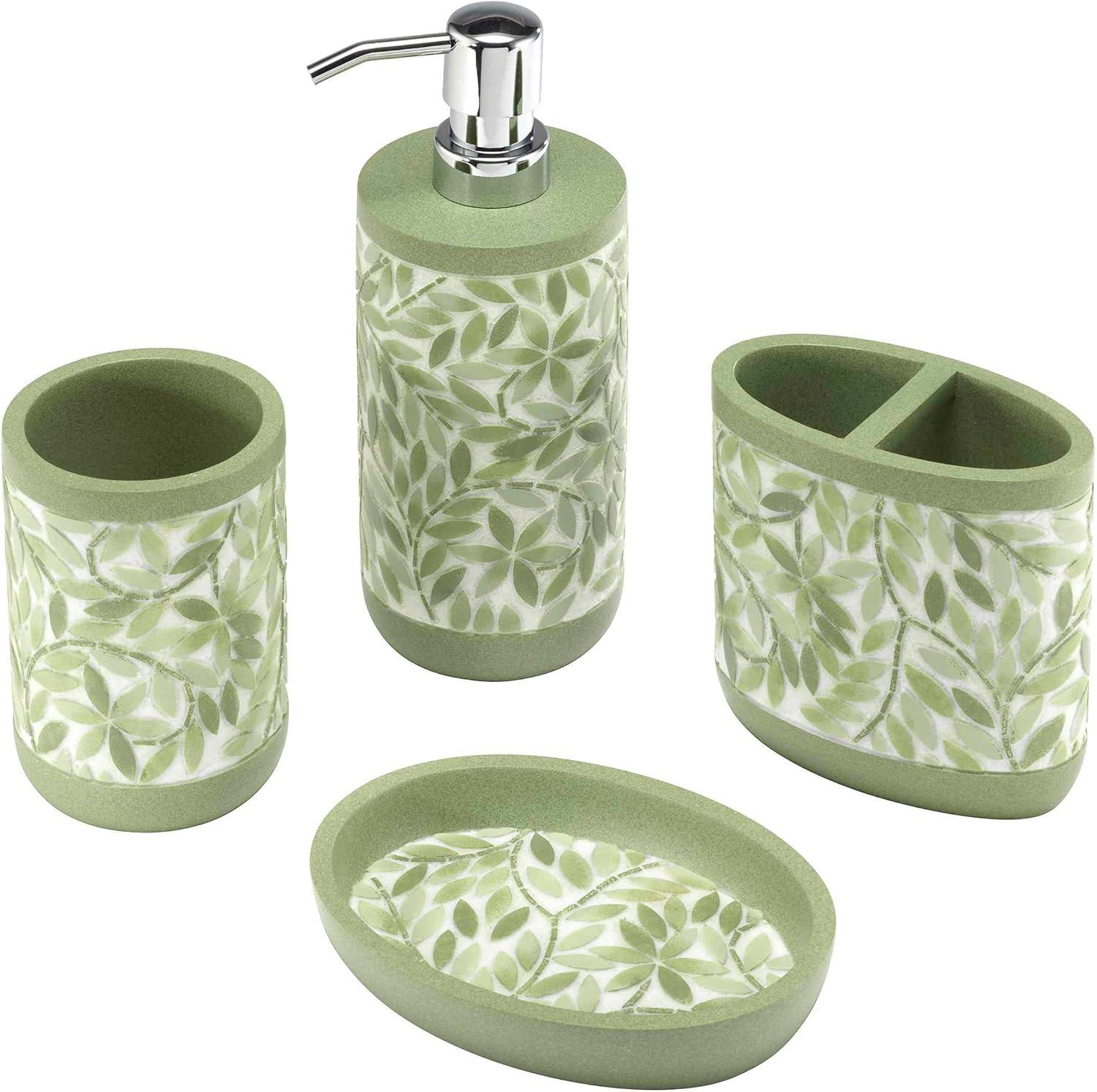 Green Leaf Pattern Resin 4-Piece Bath Accessory Set