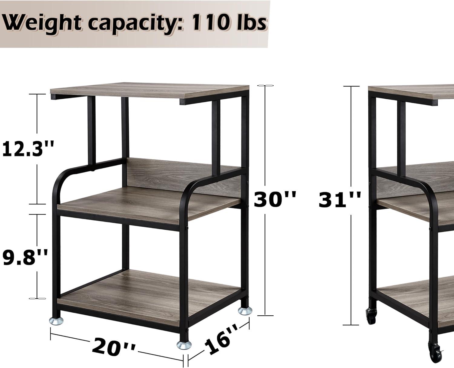 3-Tier Mobile Printer Stand on Wheels with Storage Shelves Industrial Style Machine Cart Organizer Table for Office and Home Slate Grey Wood and Black Metal Finished