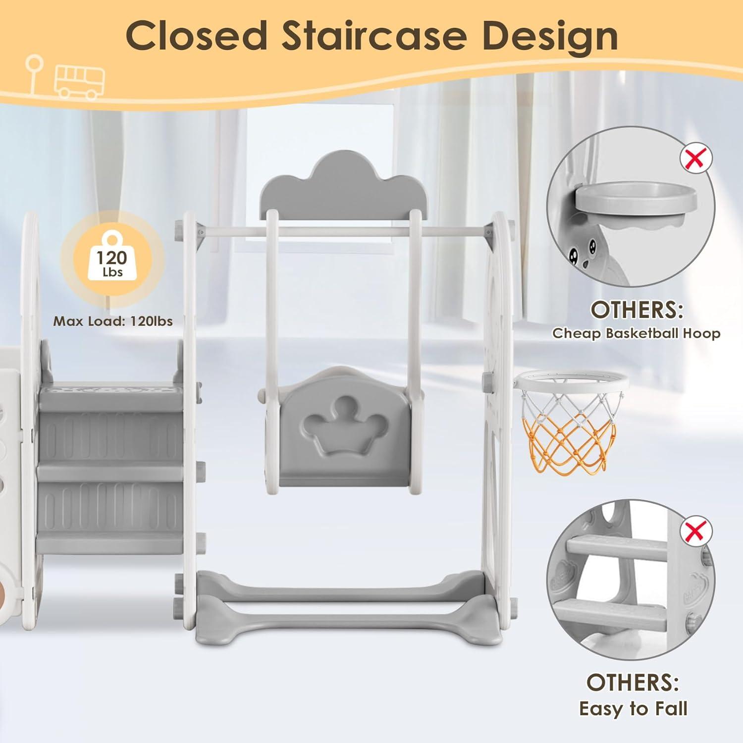 Beige and Gray 5-in-1 Toddler Slide and Swing Set