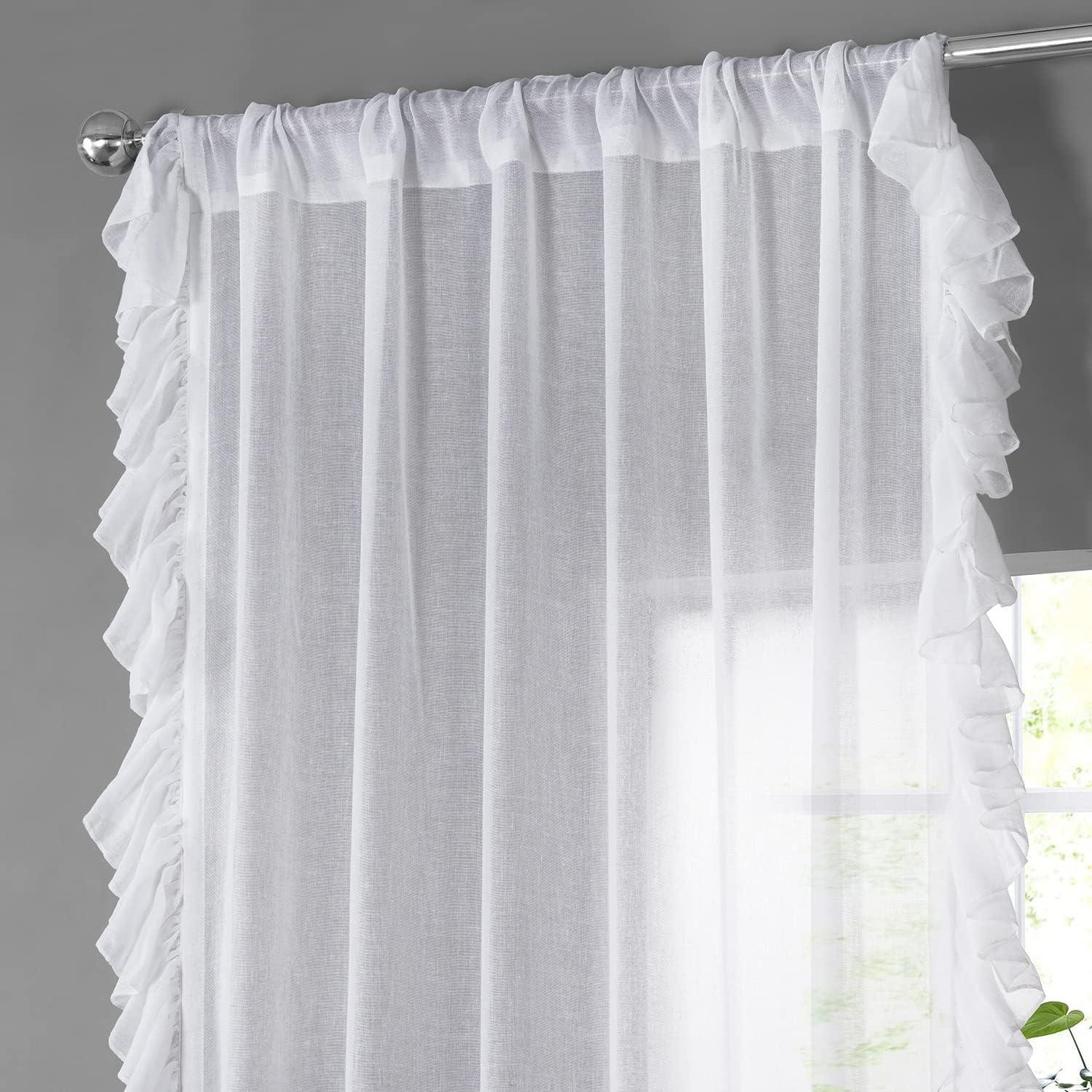 White Orchid 108" Sheer Linen Ruffle Curtain Panel