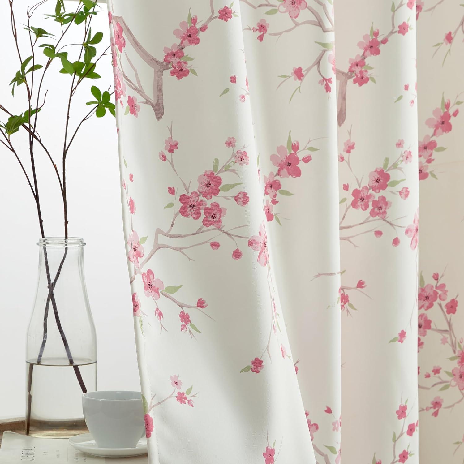 HLC.ME Jasmine Floral Patterned Window Rod Pocket Curtains - Light Blocking Darkening Window Panels, Set of 2 - Pink, 52 W x 96 L