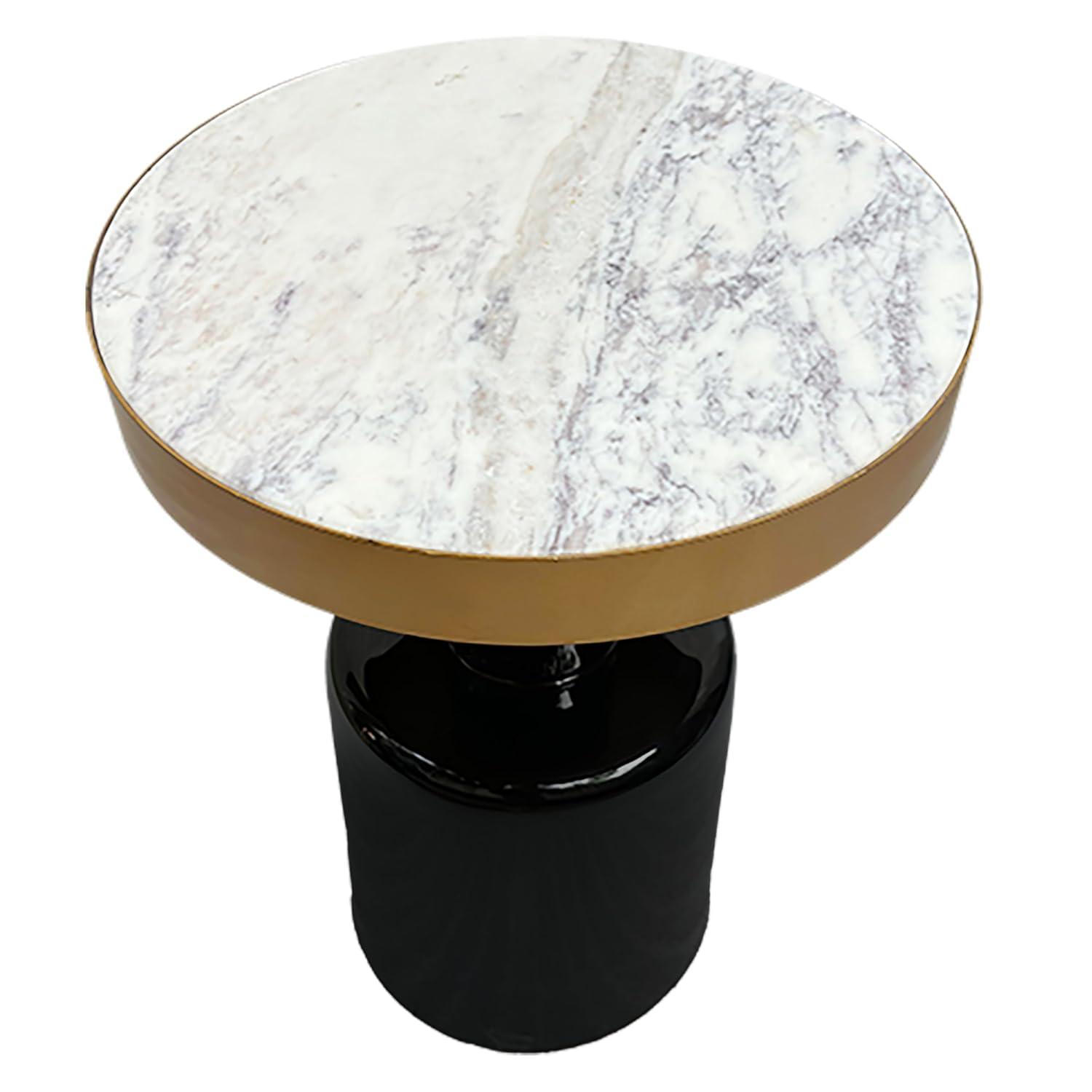 The Urban Port 20" Round Side End Table Gold Banded Natural White Marble Top Black Enamel Coated Iron Pedestal Base White/Gold