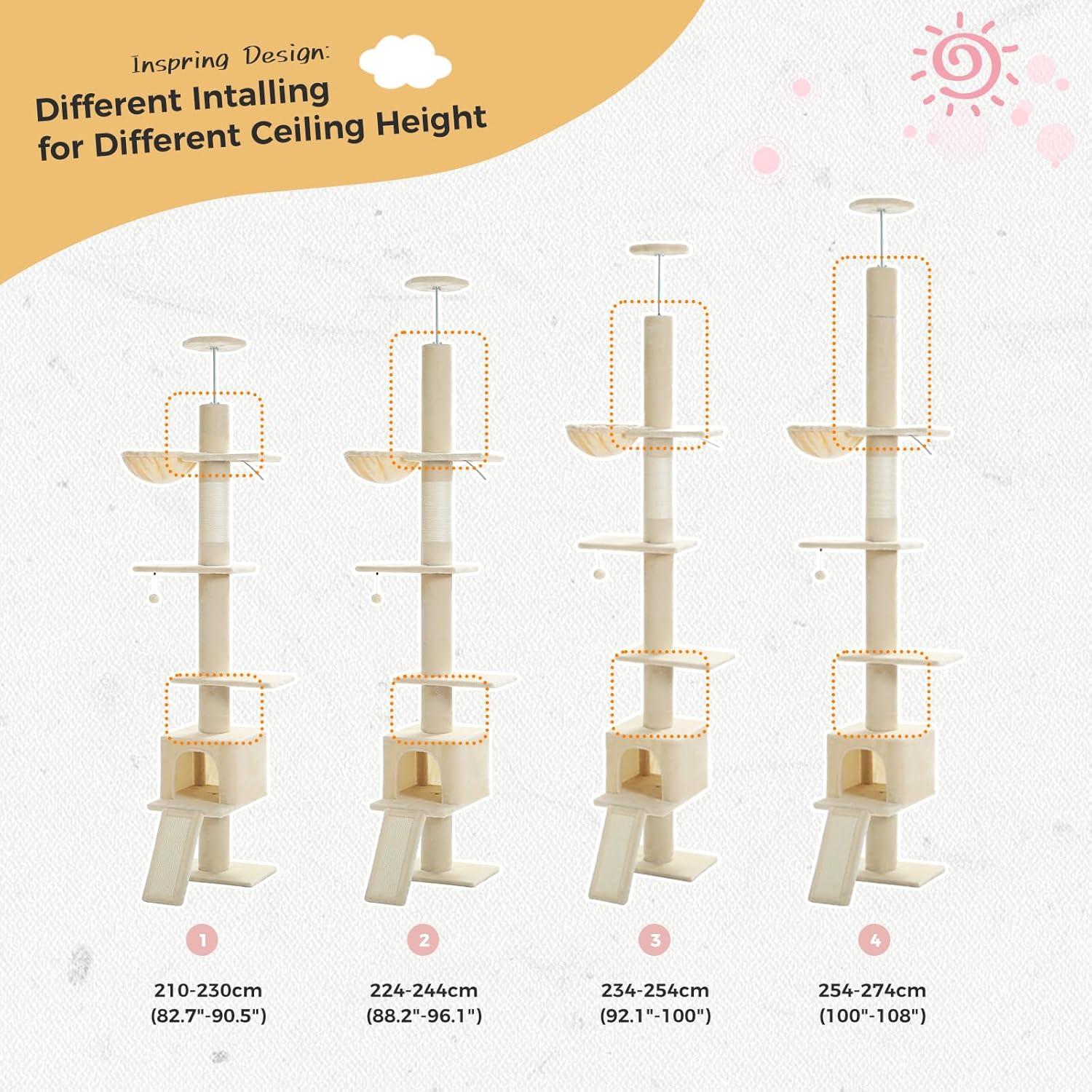 Adjustable Height Floor To Ceiling 5-Tier Tall Cat Tree Tower For Indoor Cats With Cat Condo, Cat Scratching Post And Cat Ladder
