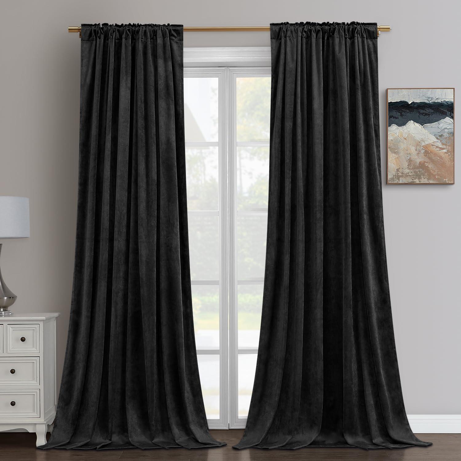 JIUZHEN Black Velvet Curtains for Living Room -96 inches Long Rod Pocket Thermal Insulated Room Darkening Window Drapes for Bedroom, Set of 2 Panels with Tiebacks, 52 x 96 inches