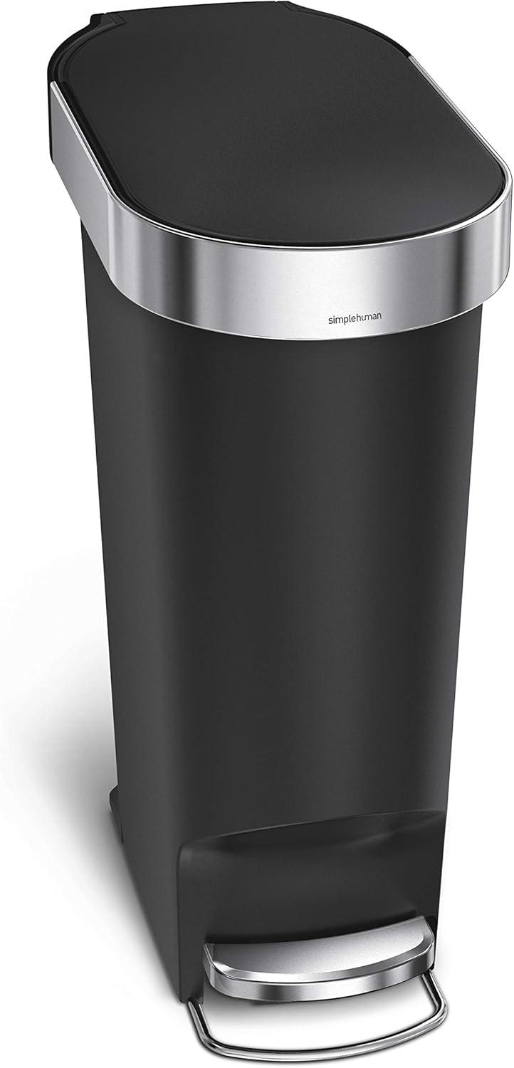 simplehuman 40L Slim Liner Rim Kitchen Step Trash Can Black Plastic: 10 Gallon Indoor Garbage Can, Spot Clean, 24.3" Height