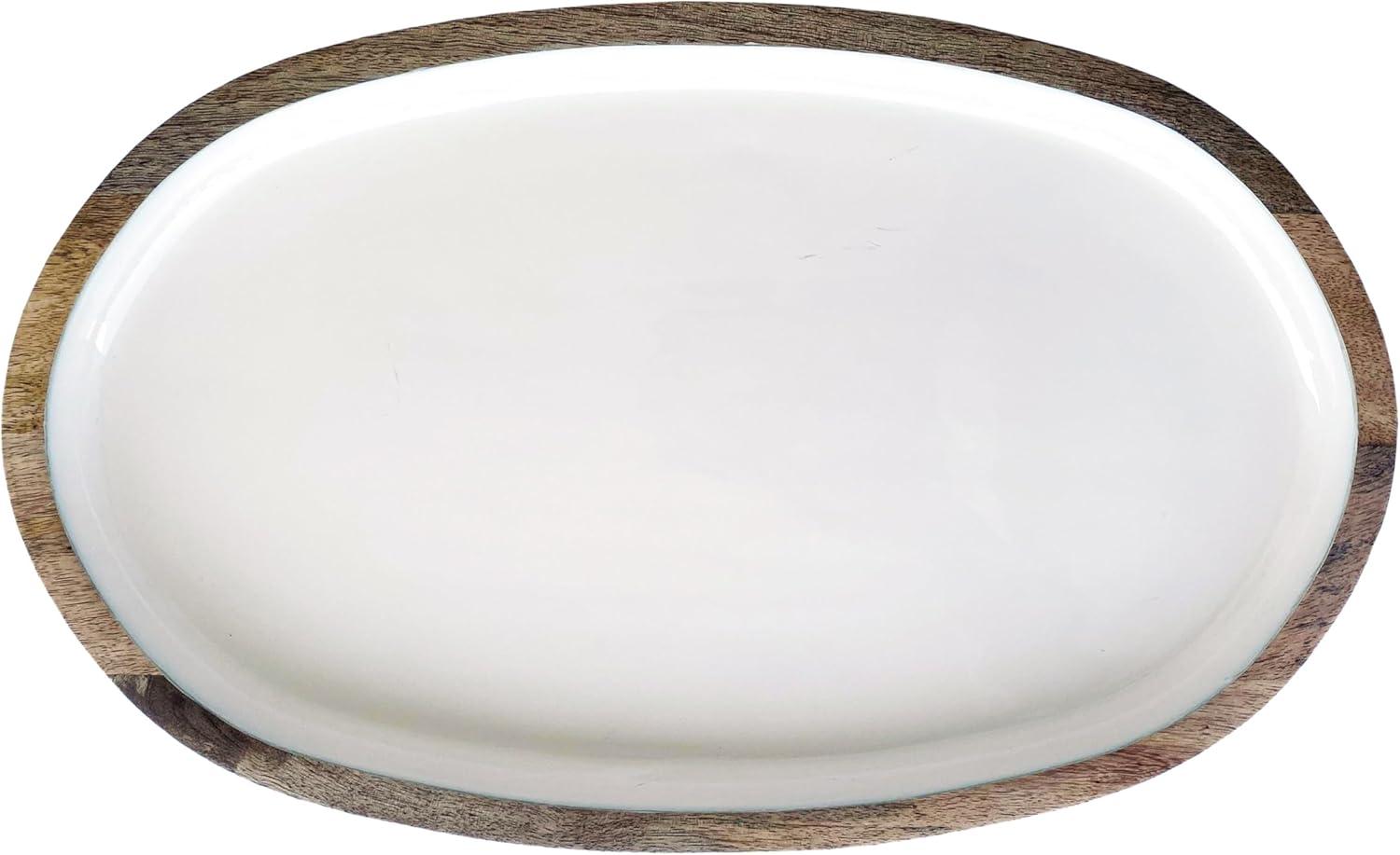 Creative Co-Op Oval Enameled Mango Wood Tray, White and Natural