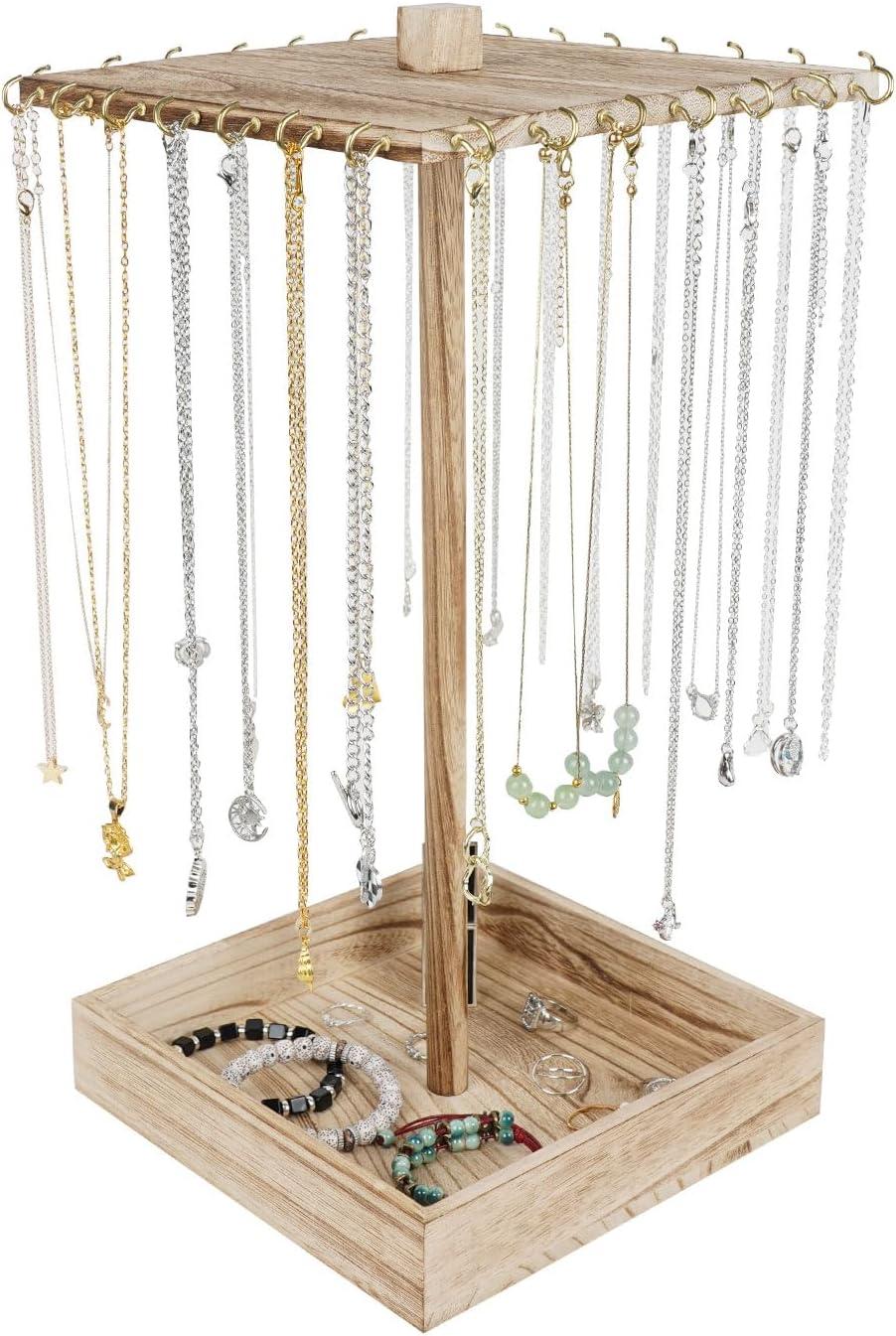 Natural Wood Rotating Jewelry Stand with 28 Hooks