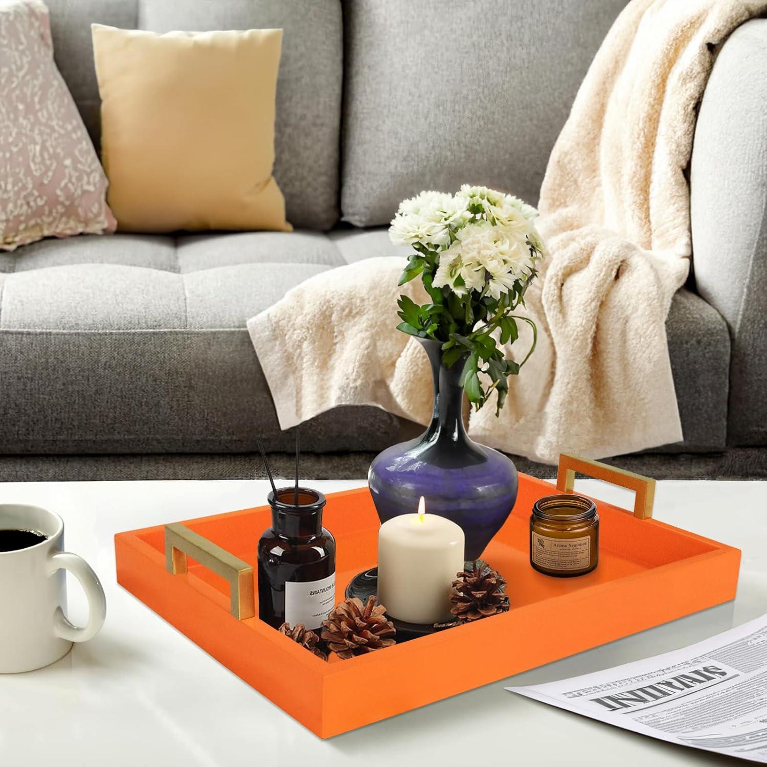 MAONAME Decorative Tray, Orange Serving Tray with Handles, Coffee Table Tray, Square Plastic Tray for Ottoman, Bathroom, Kitchen, 13"x13"x1.57"