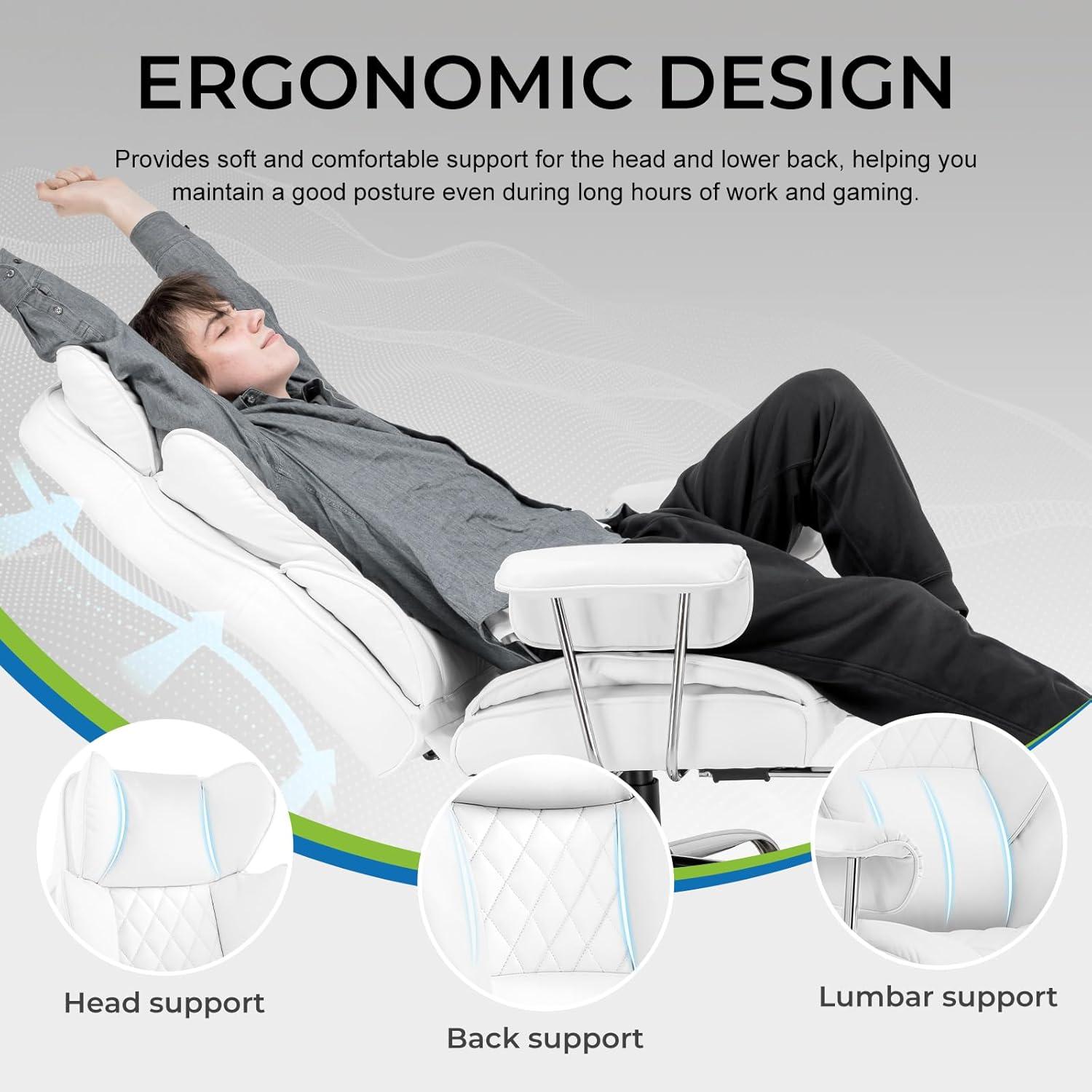 White Ergonomic PU Leather Gaming Chair with Footrest