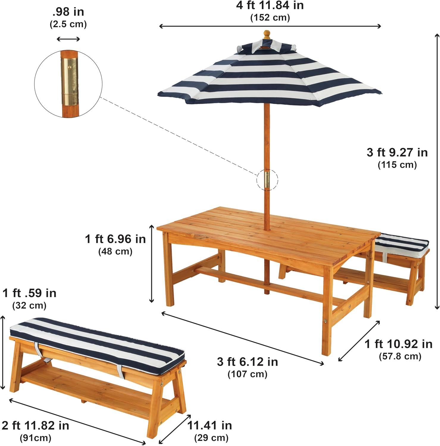 Outdoor Wooden Table & Benches with Cushions & Umbrella, Navy