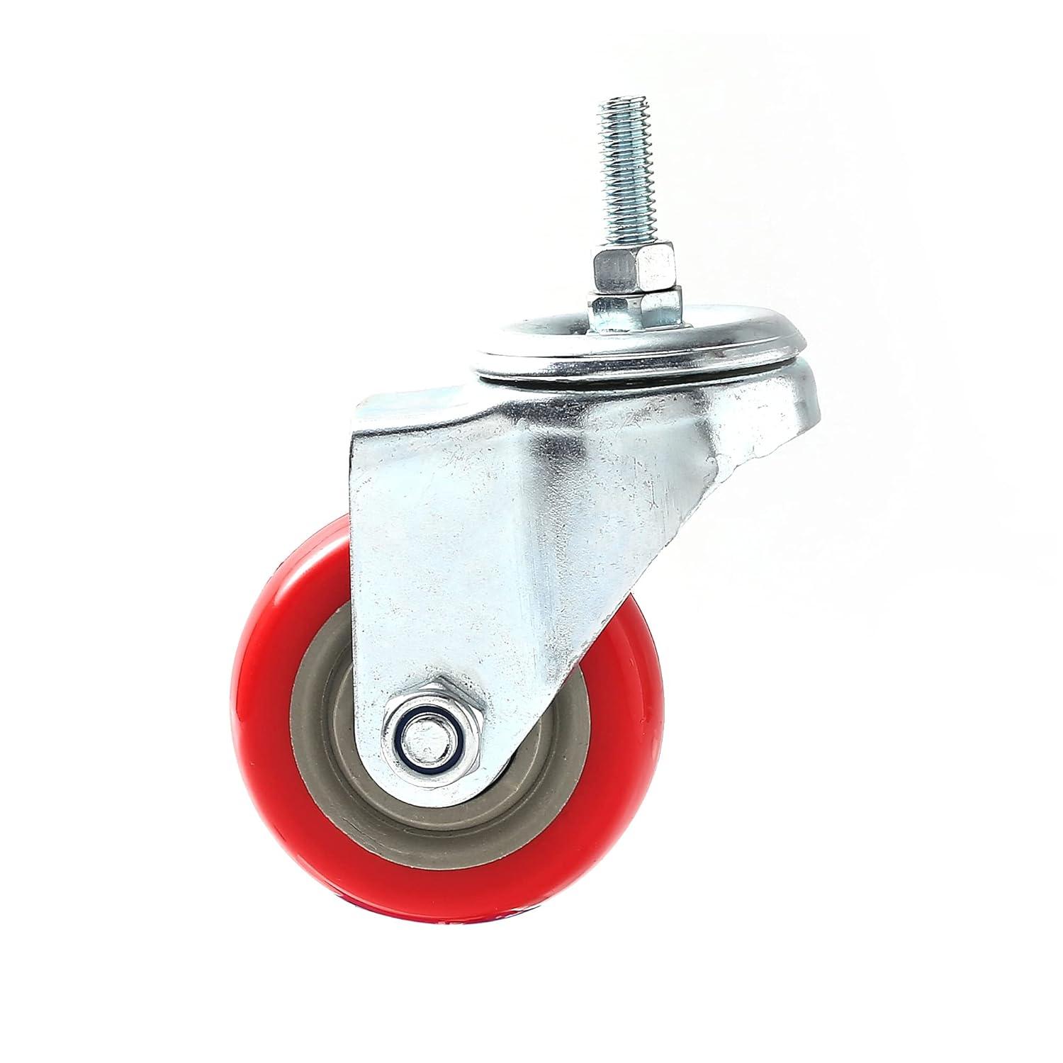 4 Pack Caster Wheels Swivel Plate Stem Casters On Red Polyurethane Wheels (3 inch Stem)
