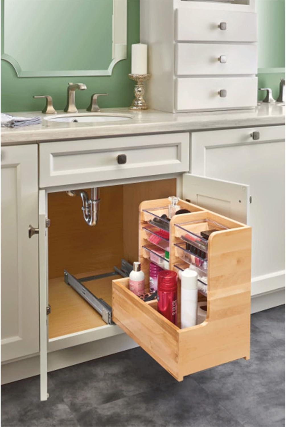 Rev-A-Shelf Floor Mount L Shaped Wood Sink Vanity Cabinet Base Storage Organizer with Soft Close Slides and Bins