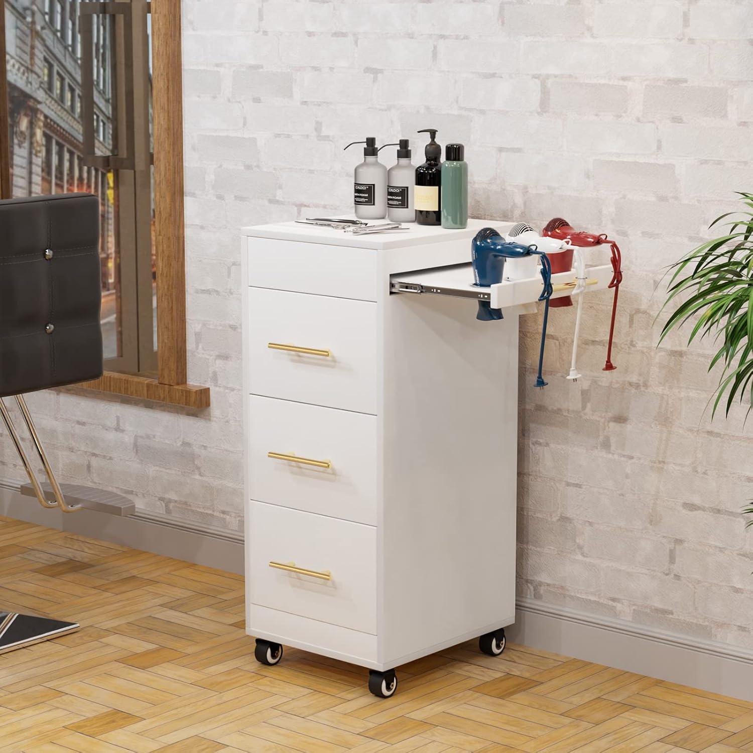 Wood Salon Trolley Cart with Wheels, Hair Cart Mobile Storage Cabinet, Hairdressing Styling Tools Organizer, Rolling Salon Station for Beauty Spa Barbershop Tattoo (White)