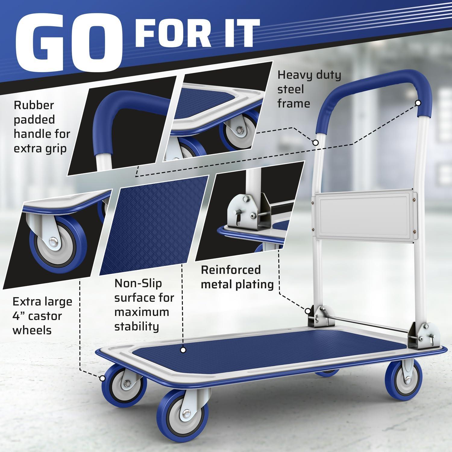 QuellQuest Upgraded Foldable Push Cart  | 330 lbs. Capacity Moving Platform Hand Truck | Heavy Duty Space Saving Collapsible | Swivel Push Handle Flat Bed Wagon(Blue)
