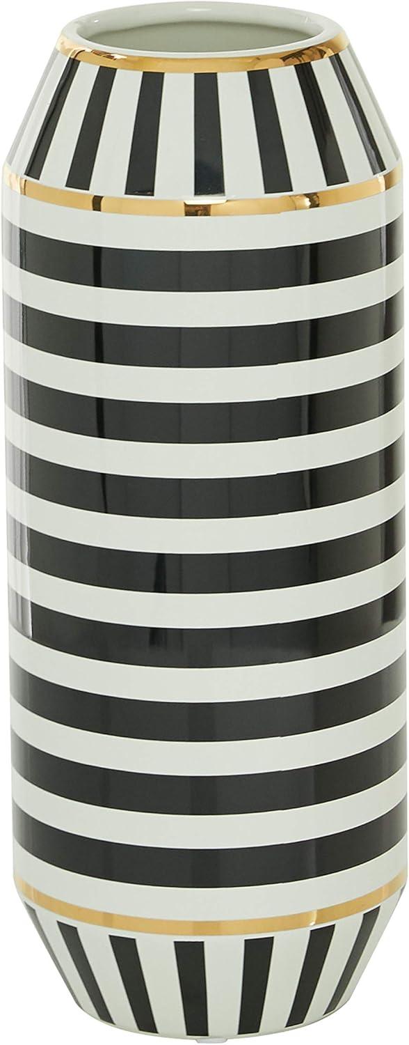 DecMode 16" Striped Black Ceramic Vase with Gold Accents