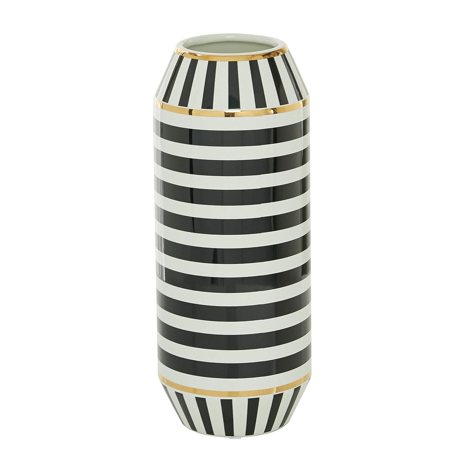DecMode 16" Striped Black Ceramic Vase with Gold Accents