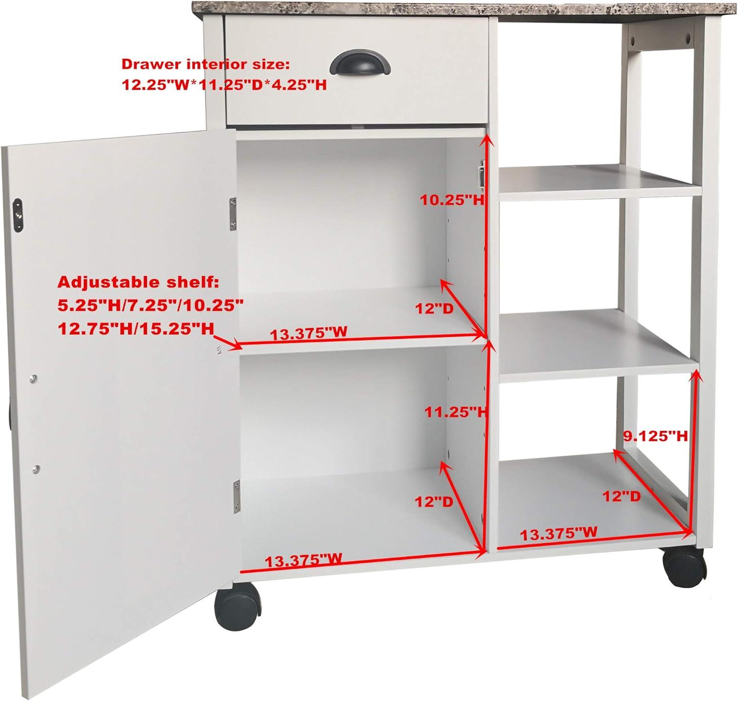 White Marble Top Kitchen Cart with Storage and Wheels