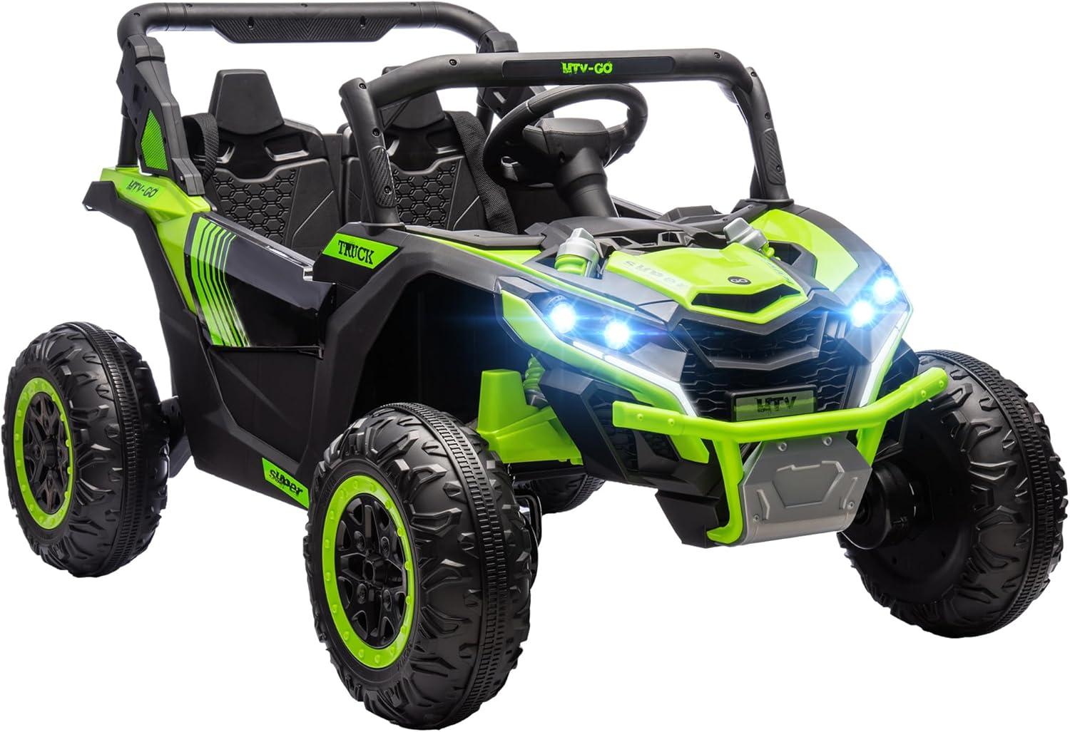 Green 24V Dual Motor 2-Seater Ride-On Car with LED Lights