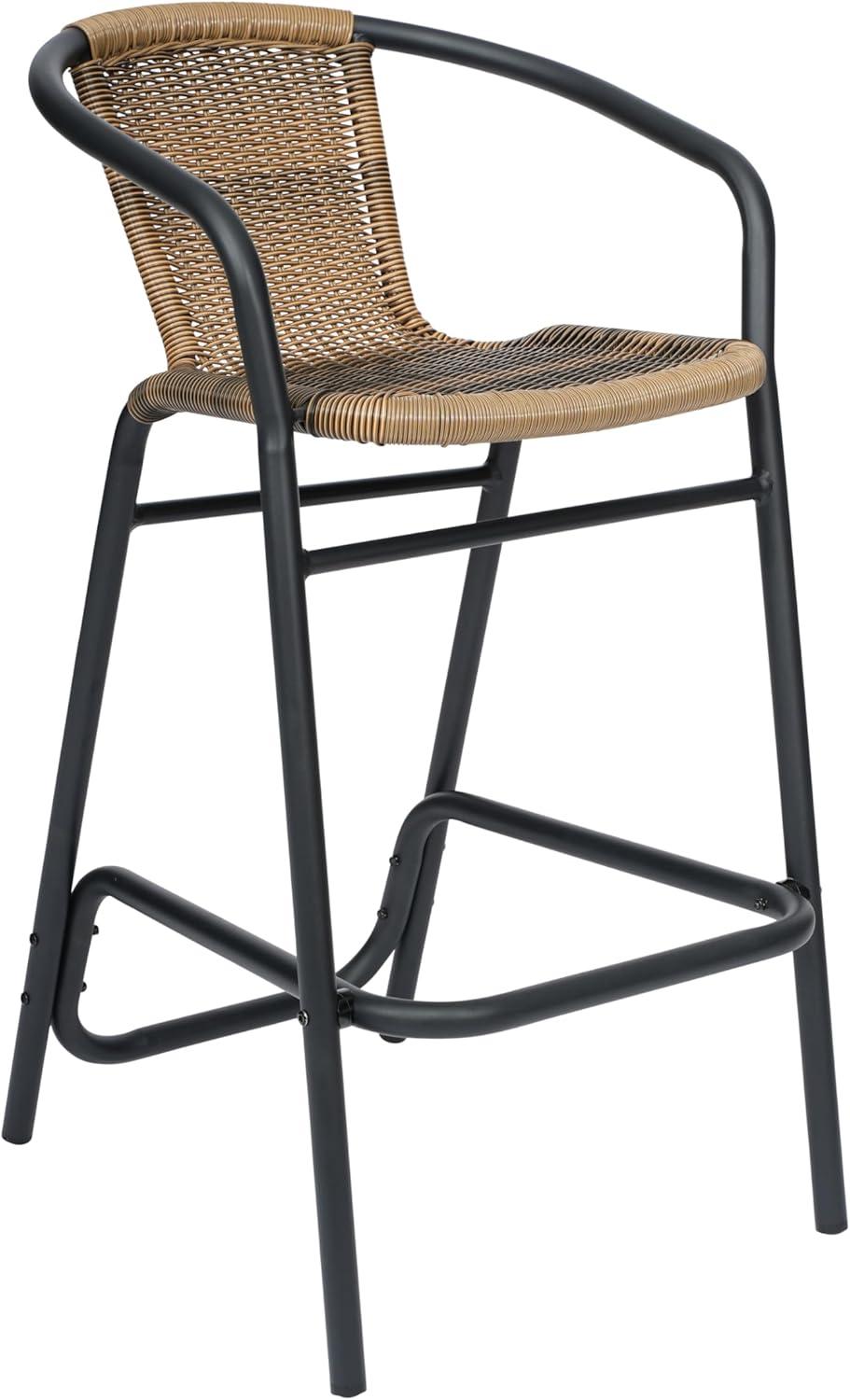 Flash Furniture Lila Set of 2 Commercial Grade Indoor-Outdoor PE Rattan Restaurant Barstool with Black Aluminum Frame and Footrest in Medium Brown