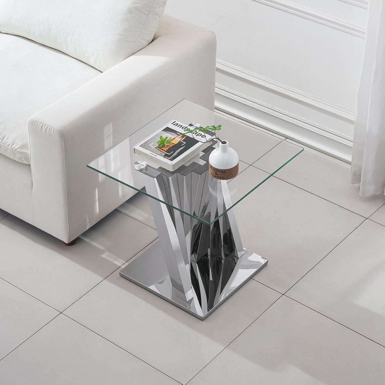 Ssline Silver Mirror Finish Stainless Steel Base End Table with Tempered Glass Top,Size 22.84*22.84*21.65