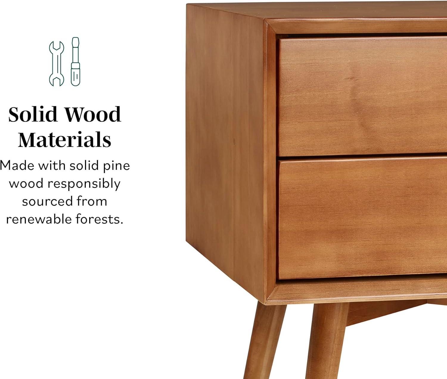 Greenberg 2 Drawer Mid-Century Modern Solid Wood Nightstand Caramel - Saracina Home: Pine, Beveled Edges, Antique-Finish Knobs