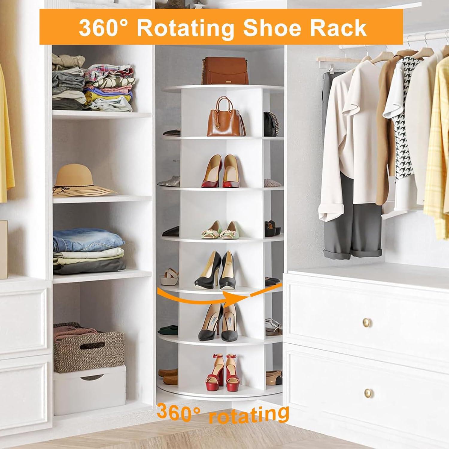 7 Tier Rotating Shoe Rack Tower, Revolving Shoe Rack Storage, Round Carousel Vertical Handbag and Shoe Organizer ,White-SpaceAid®