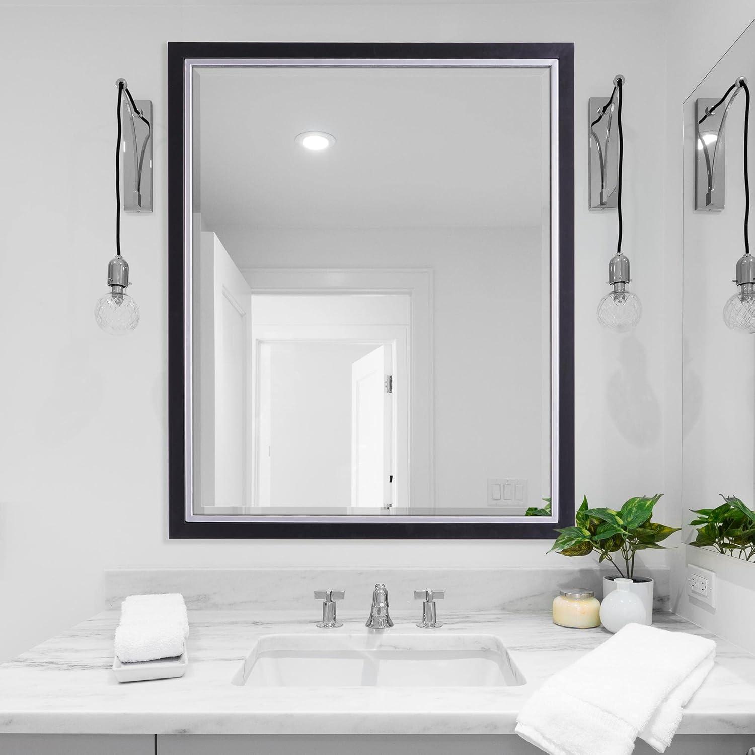 Elegant 24x30 Rectangular Wood and Silver Beveled Wall Mirror