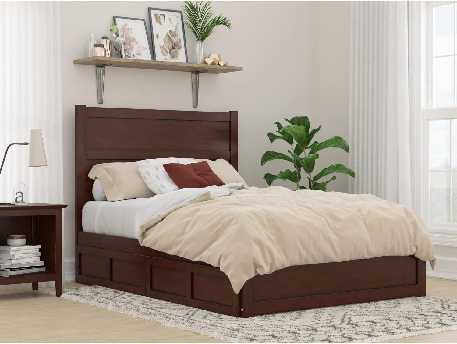 Walnut Full Size Platform Bed with Headboard and Storage Drawers