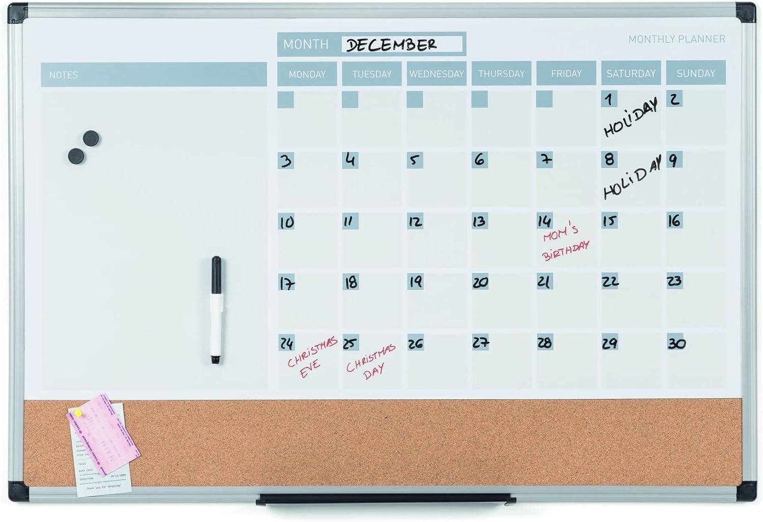 36" x 24" Magnetic Dry Erase Calendar with Corkboard