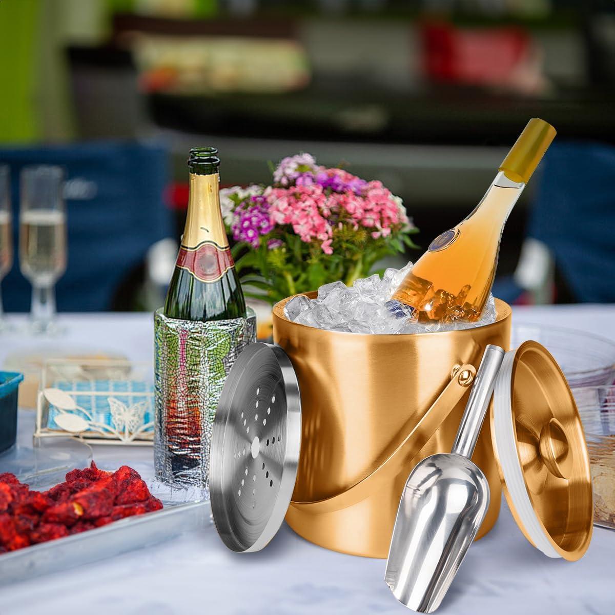 3L Double Wall Insulated Stainless Steel Ice Bucket with scoop & Strainer for Cocktail Bar,Metal Ice Bucket for freezer with Lid for parties.ice Container to Keep Ice Colder,bar cart accessories(gold)