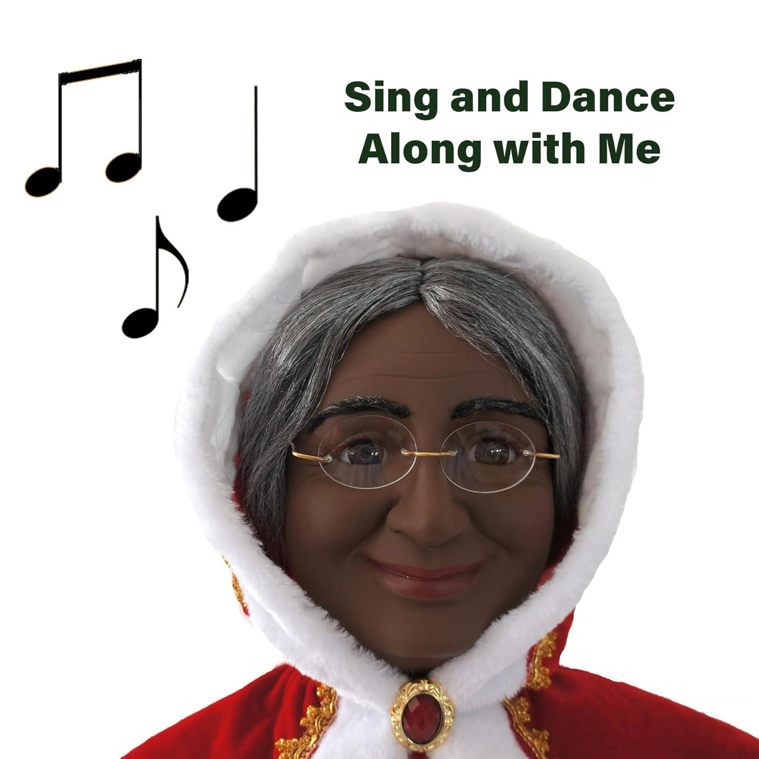 African American Dancing Mrs. Claus with Hooded Cloak and Basket Figurine