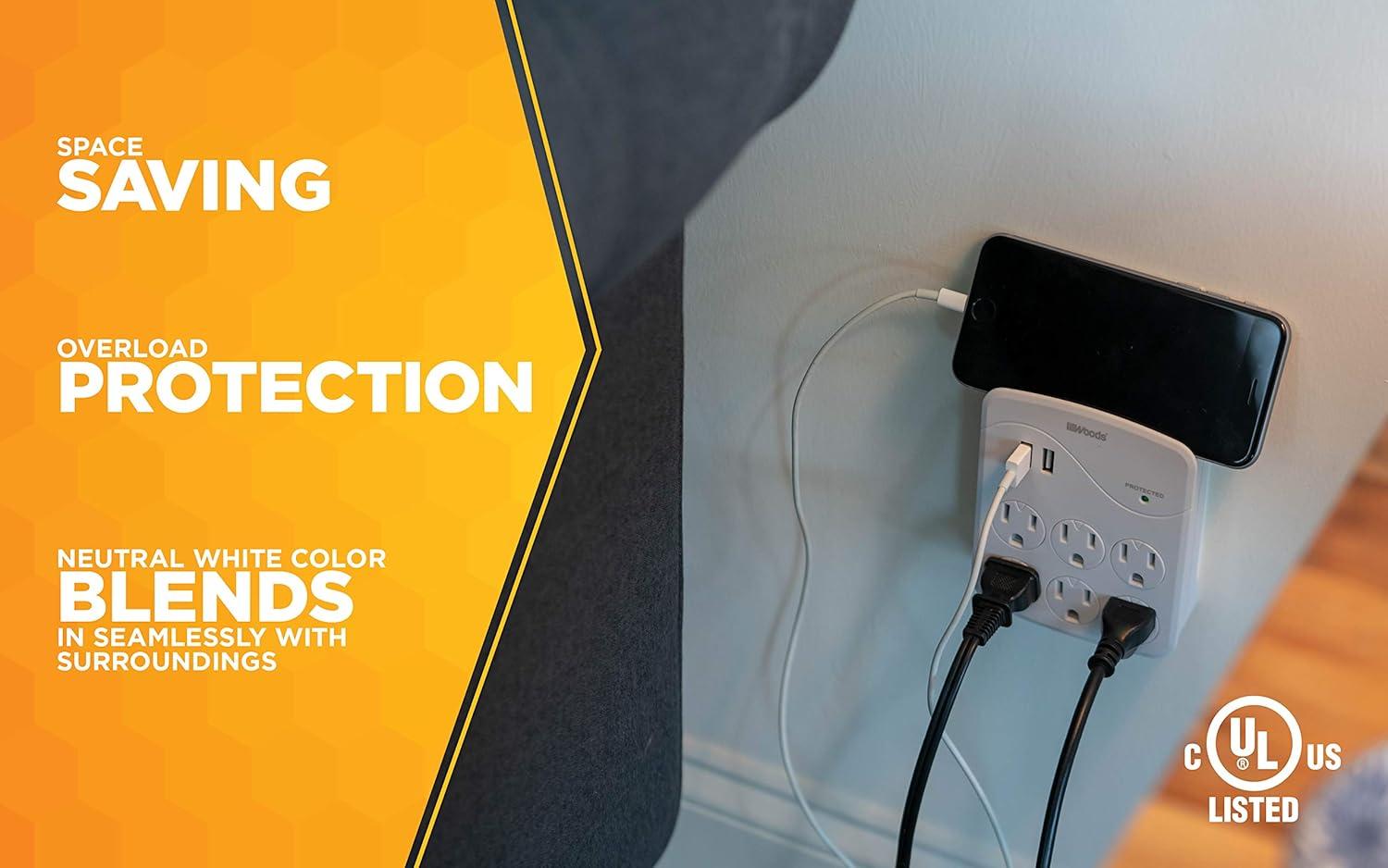 Woods 41076 Surge Protector with 6 Power, 6-Outlet 1440J of Protection