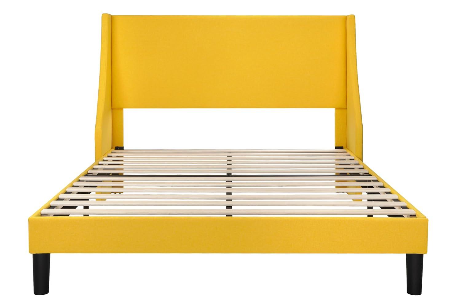 Allewie Platform Bed Frame Queen Size with Upholstered Headboard, Modern Deluxe Wingback, Wood Slat Support, Mattress Foundation, Light Yellow
