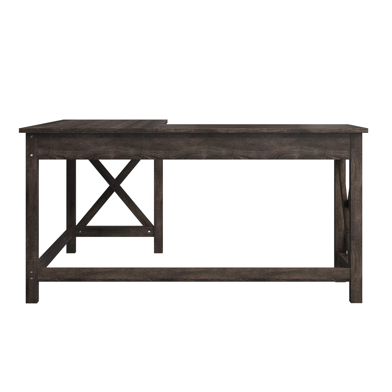 Lavish Home 59" L-Shaped Farmhouse Style Desk with Return for Home Office in Dark Gray Oak Finish