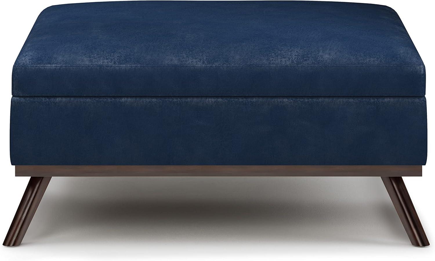 Owen Mid-Century Distressed Dark Blue Faux Leather Storage Ottoman