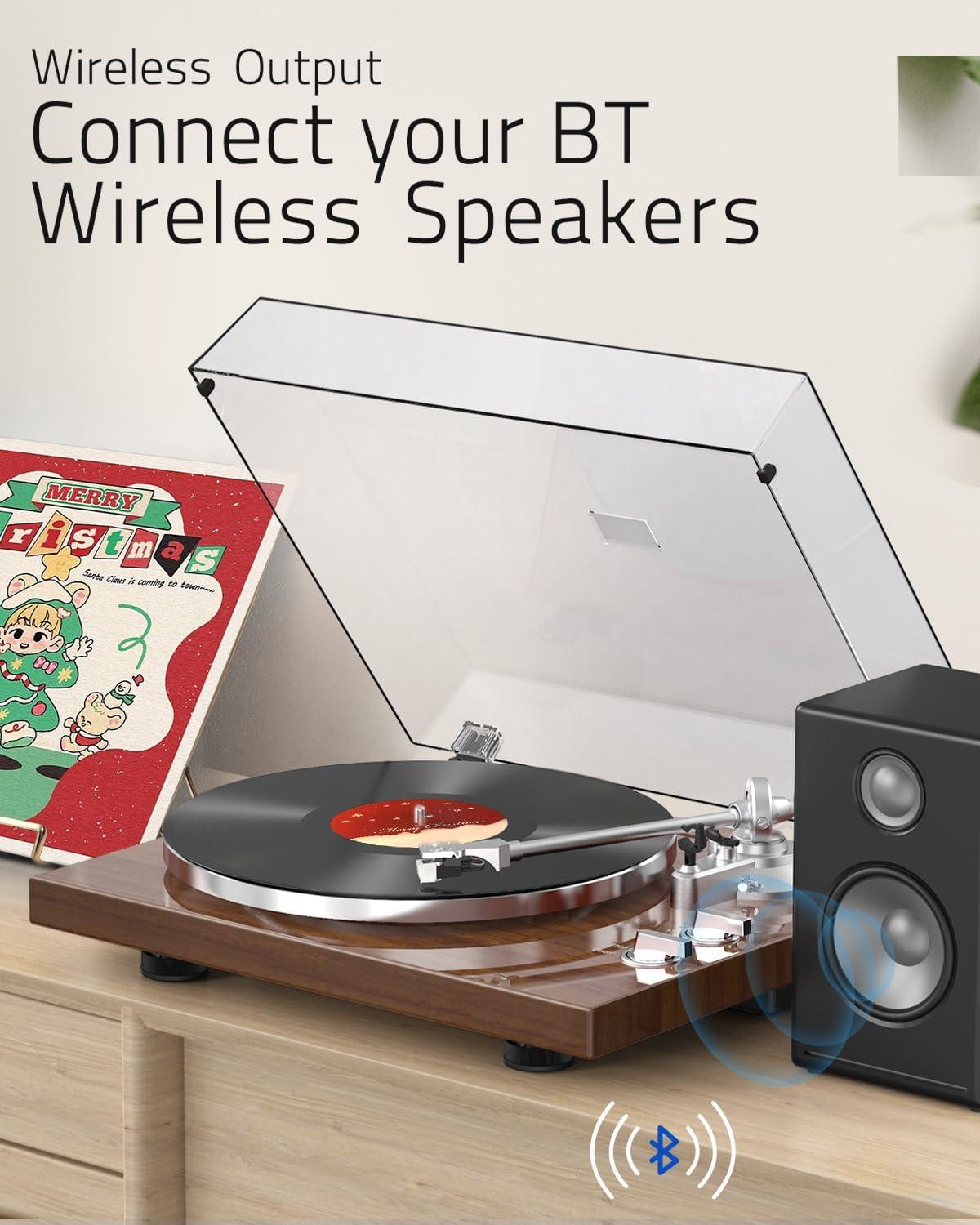 Turntables Record Player with Wireless Output Connectivity Vinyl Player Belt-Drive Support 33 45 RPM Speed Phono Line USB Digital to PC Recording with Advanced MM Cartridge ATN3600L Light Brown