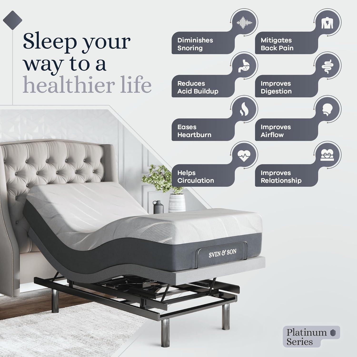 Sven & Son Platinum Adjustable Bed Base (Frame) + 10 in Memory Foam Matt (Firm), Lumbar Support, Head (Pillow) Tilt, Massage, USB - Twin XL