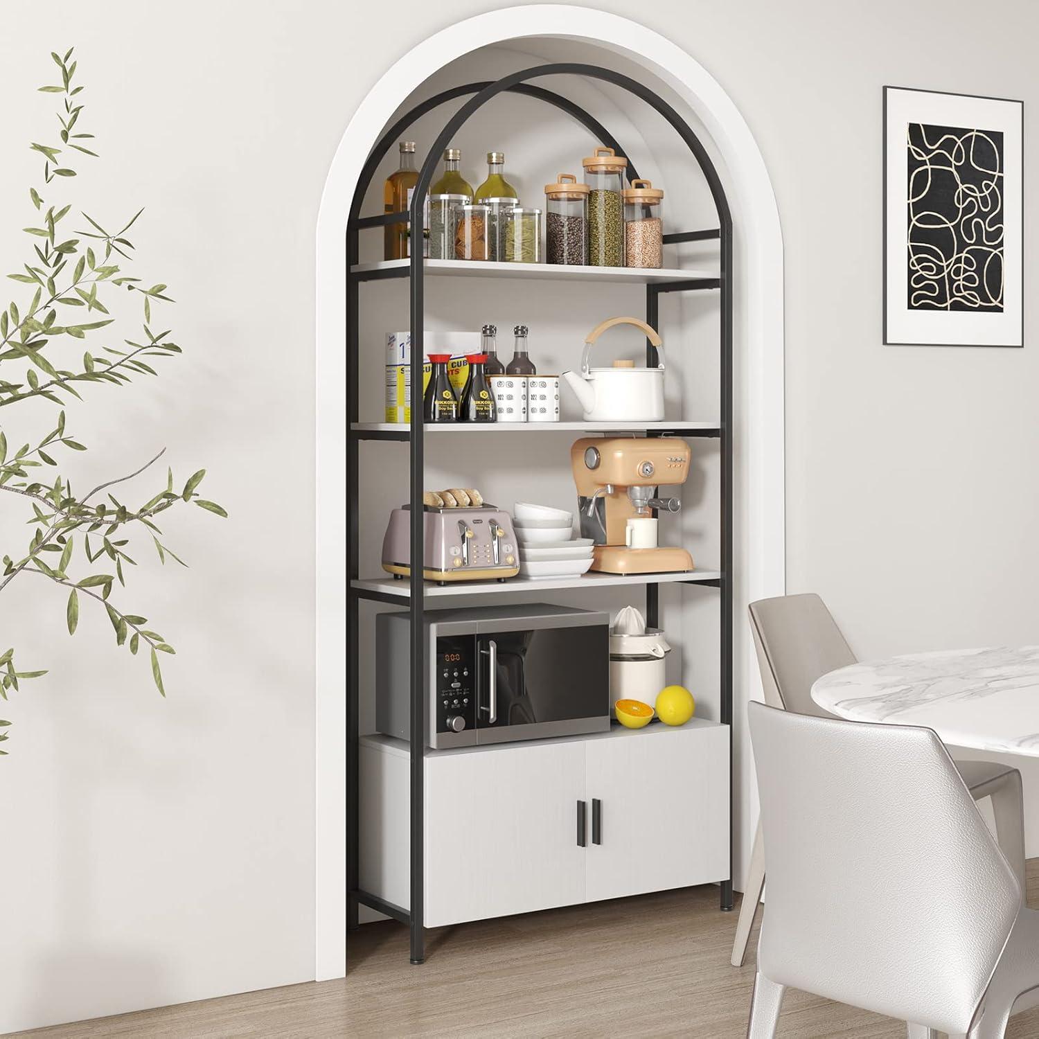 71-Inch Black and White Arched Bookshelf with Doors