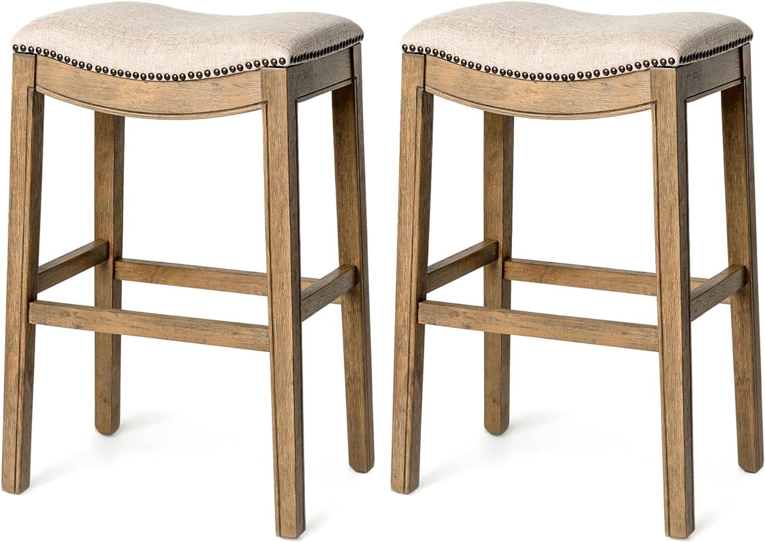 Adrien Natural Wirebrush Wood Saddle Barstool with Cream Cushion, Set of 2