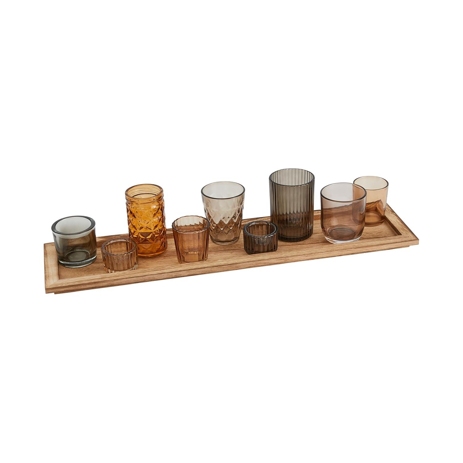 Wood Tray with 9 Glass Votive Holders - Storied Home