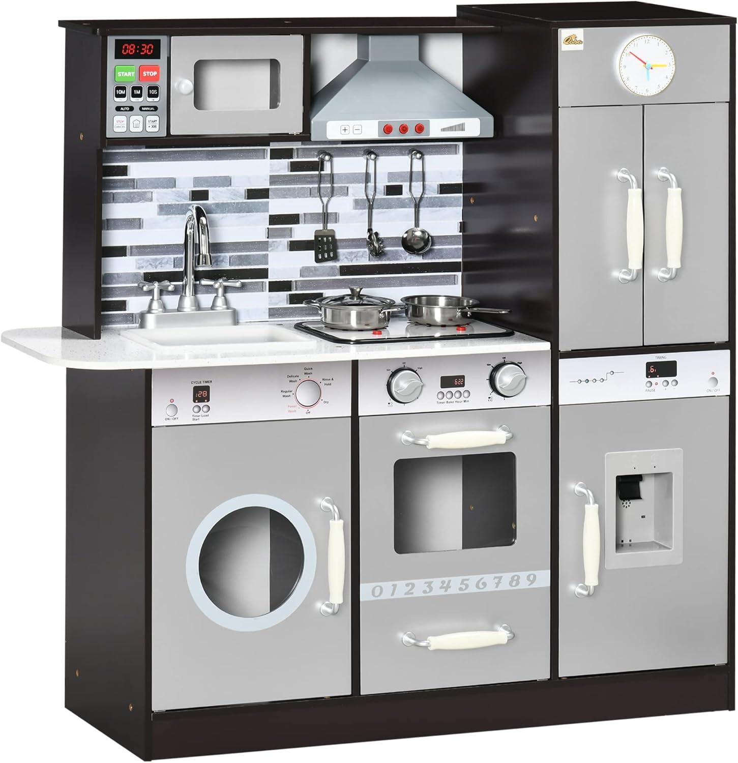 Qaba Wooden Play Kitchen with Lights Sounds, Kids Kitchen Playset with Washing Machine, Water Dispenser, Microwave, Range Hood, Refrigerator, Utensils, Gift for 3-6 Years Old