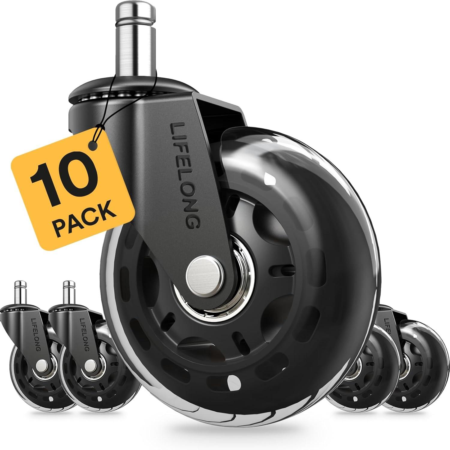 Lifelong Office Chair Caster Wheels for Hardwood Floors and Carpet, Heavy Duty, Universal Fit - Black