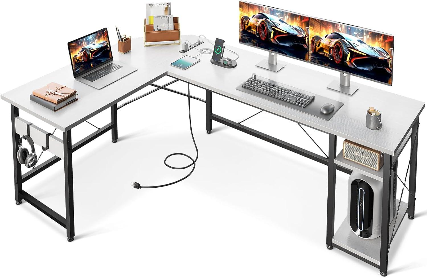 White L-Shaped Gaming Desk with Power Outlet and Drawer